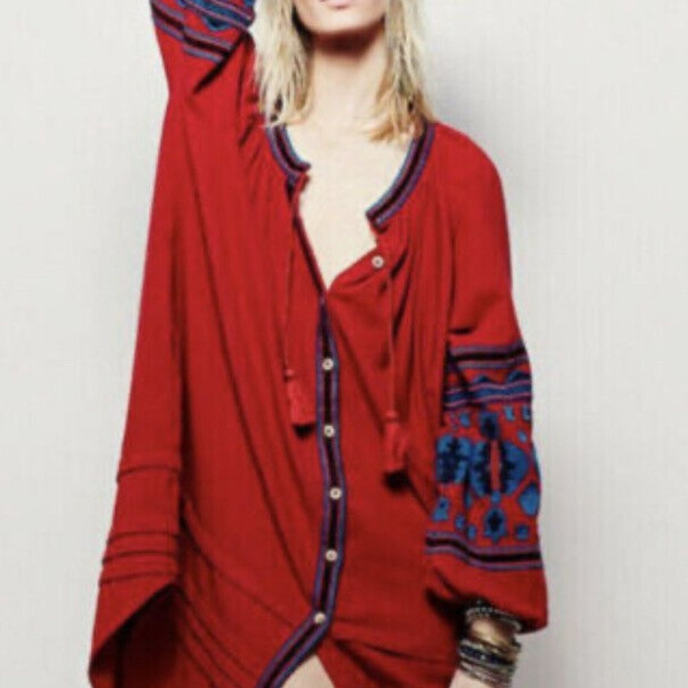 Asymmetrical Red Embroidered Sleeve Dress